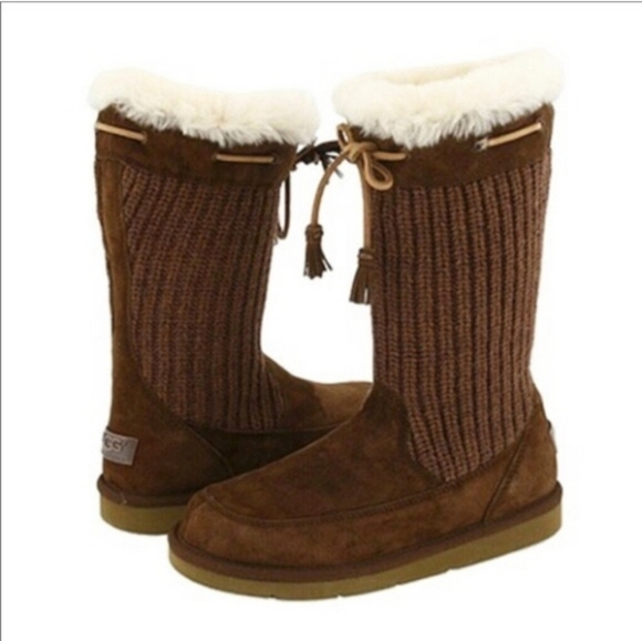 Ugg Suburb Chocolate Brown Suede Leather Shearling Crochet Boots Woman's 7 - Picture 1 of 13